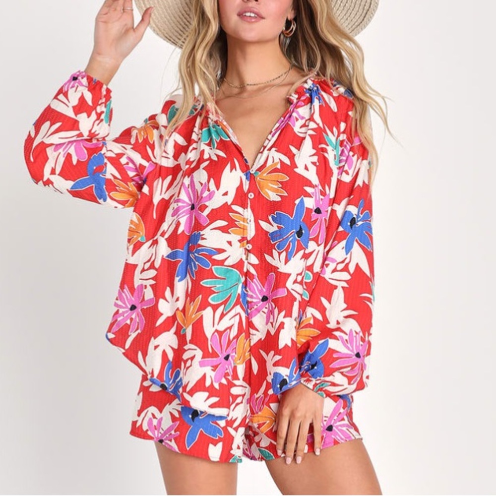 NWT Lulu’s - Sprung on Sunshine Red Floral Print Set